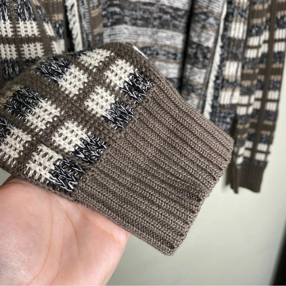 Cabi Brown Gray White Plaid Fringe Open Front Classic Blazer Sweater Medium - Picture 6 of 11